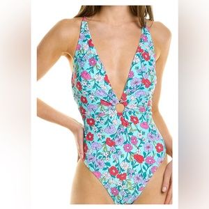 Manette Lepore Plunging One Piece Size 6 Color Light Blue Floral Pattern